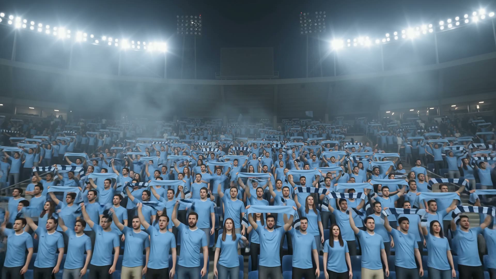 MMST fans raising blue scarves in a stadium